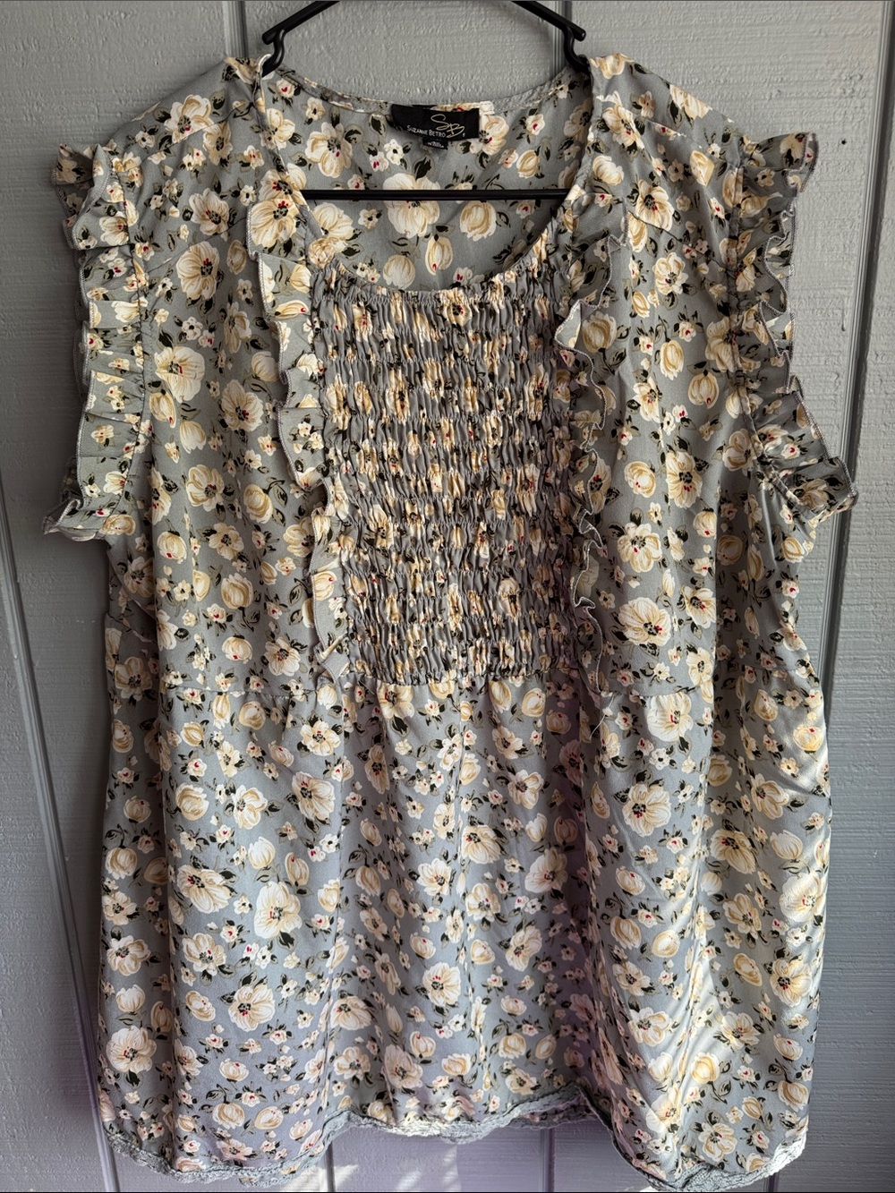Suzanne Betro Gray Floral Smocked Ruffle Sleeve Blouse
